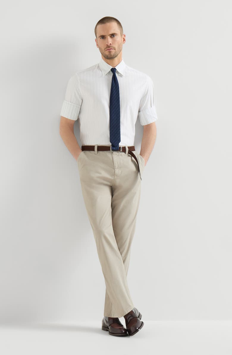 Brunello Cucinelli Garment-dyed trousers in peached cotton gabardine, Alternate, color, White