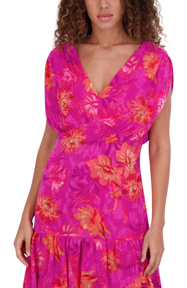 Kensie Floral Cap Sleeve Burnout Chiffon Tiered Maxi Dress, Alternate, color, Fuschia Mu