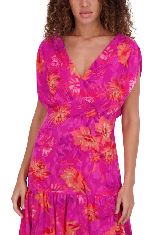 Kensie Floral Cap Sleeve Burnout Chiffon Tiered Maxi Dress In Fuschia Mu