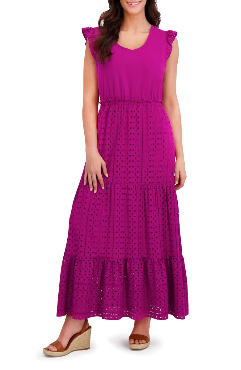 London Times Mixed Media Tiered Dress, Main, color, Deep Orchid