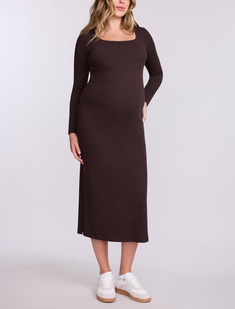 Square Neck Rib Knit Long Sleeve Bodycon Maxi Dress