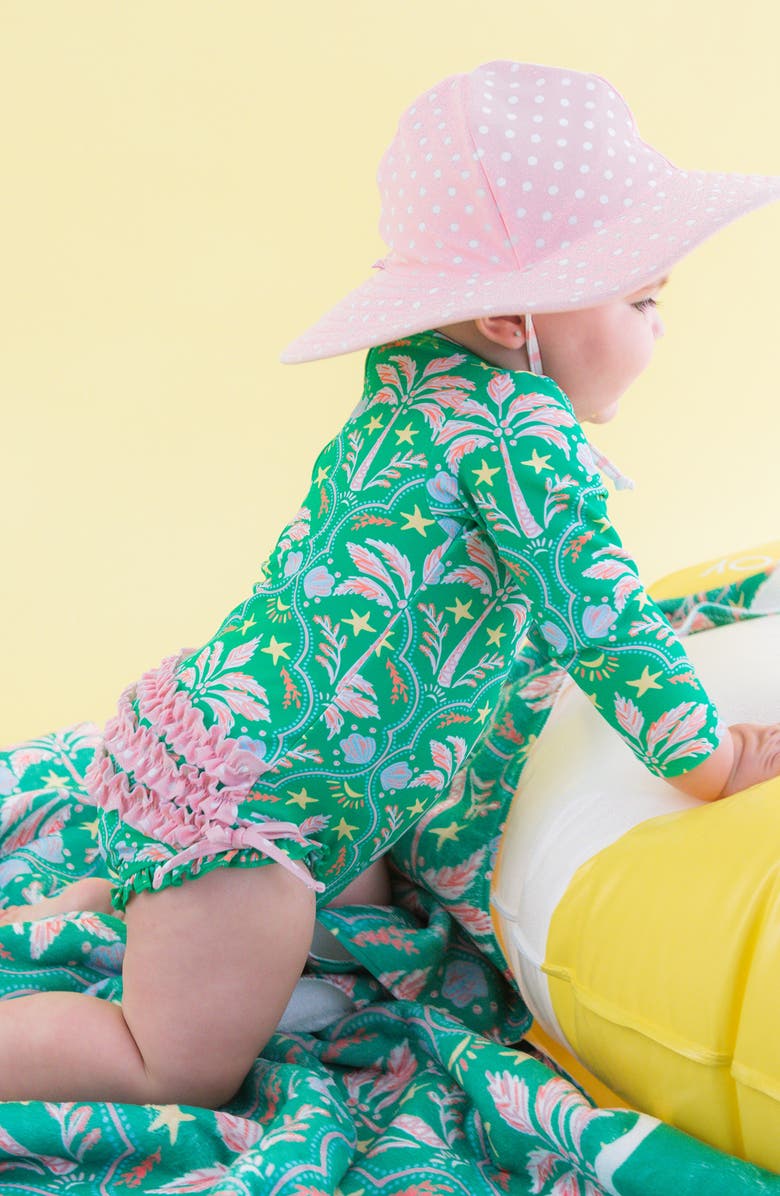 RuffleButts Kids' Coconut Cabana Ruffle Long Sleeve UPF 50+ One-Piece Rashguard Swimsuit, Alternate, color, Green