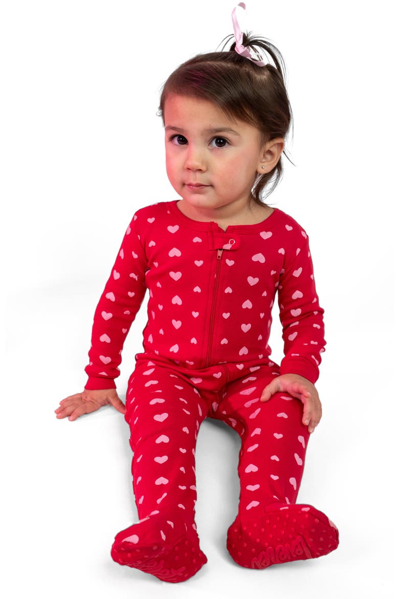 Kids Footed Cotton Matching Family Pajamas, Whimsy & Fantasy Prints, Alternate, color, Pink Hearts