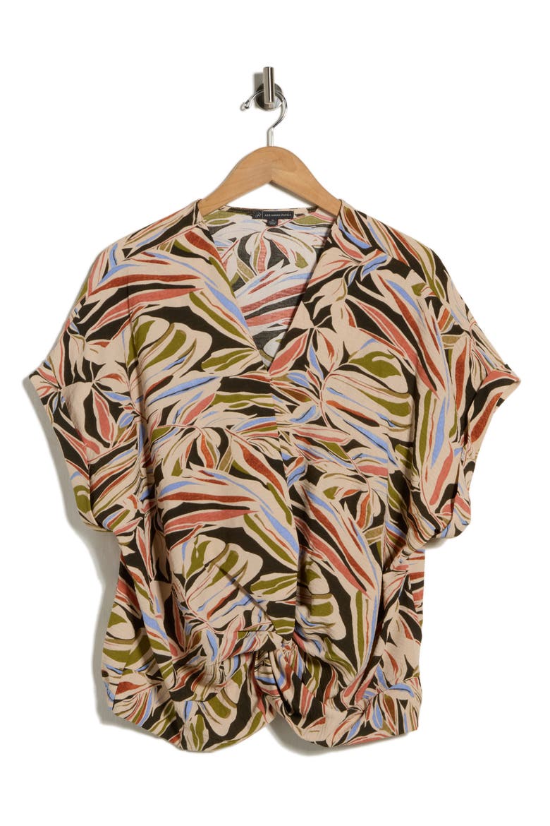Short Sleeve Twisted Hem Top, Alternate, color, WATER COLOR LEAF