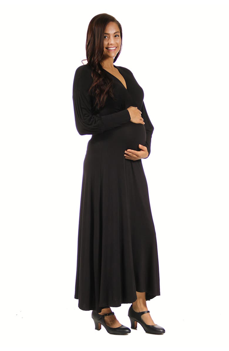 24seven Comfort Apparel V-neck Long Sleeve Maternity Maxi Dress, Alternate, color, Black