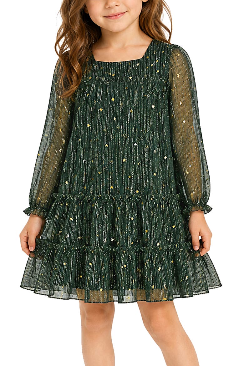Kids' Metallic Plissé Tiered Dress, Alternate, color, HUNTGRNGLD