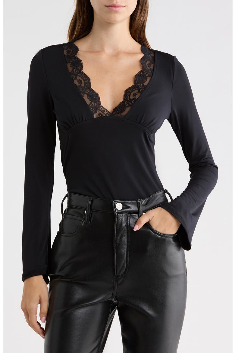 Lace Trim Bell Sleeve Top, Main, color, BLACK
