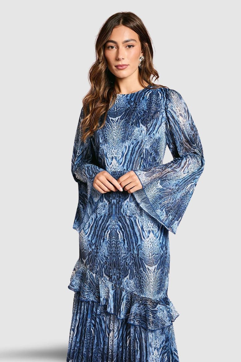 Flare Sleeve Animal Print Midi Dress, Alternate, color, Blue