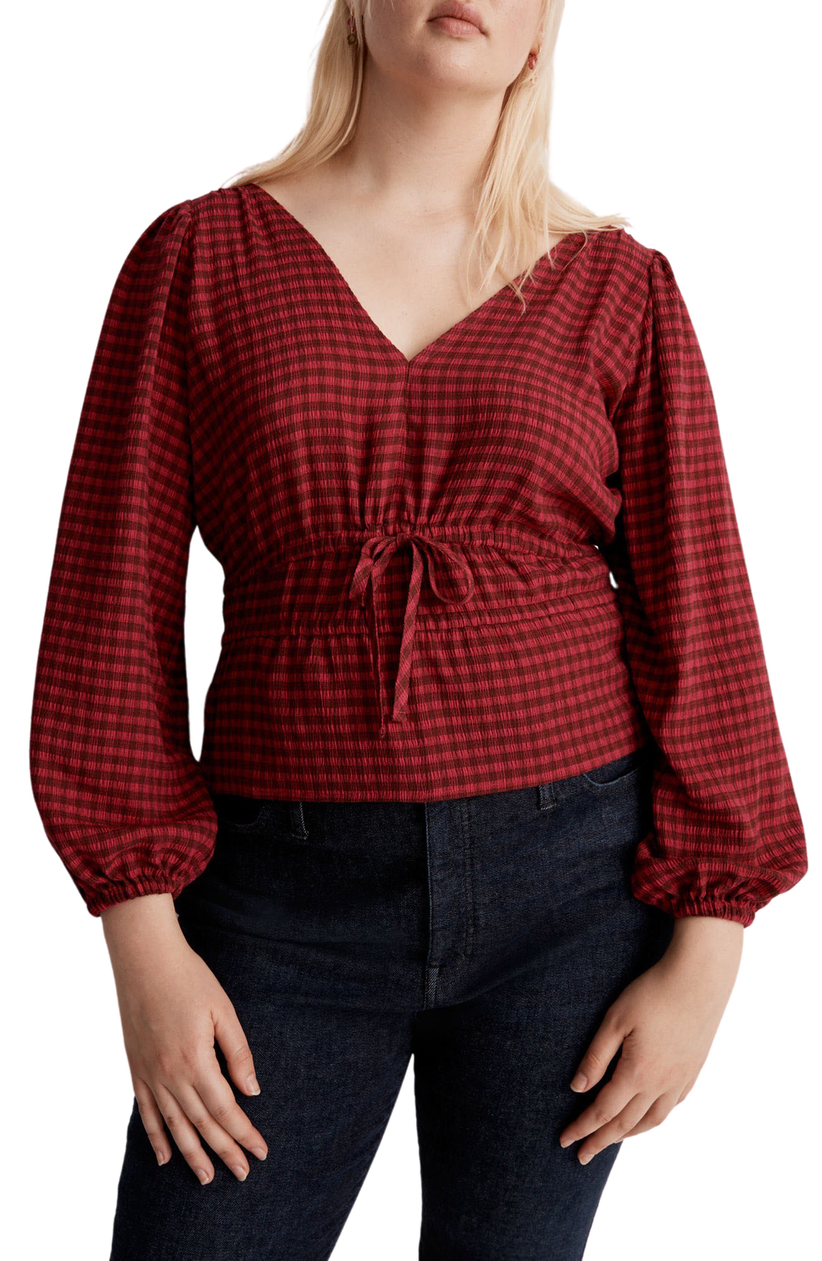 Madewell Plaid Crinkled V-Neck Peplum Top (Women) | Nordstromrack