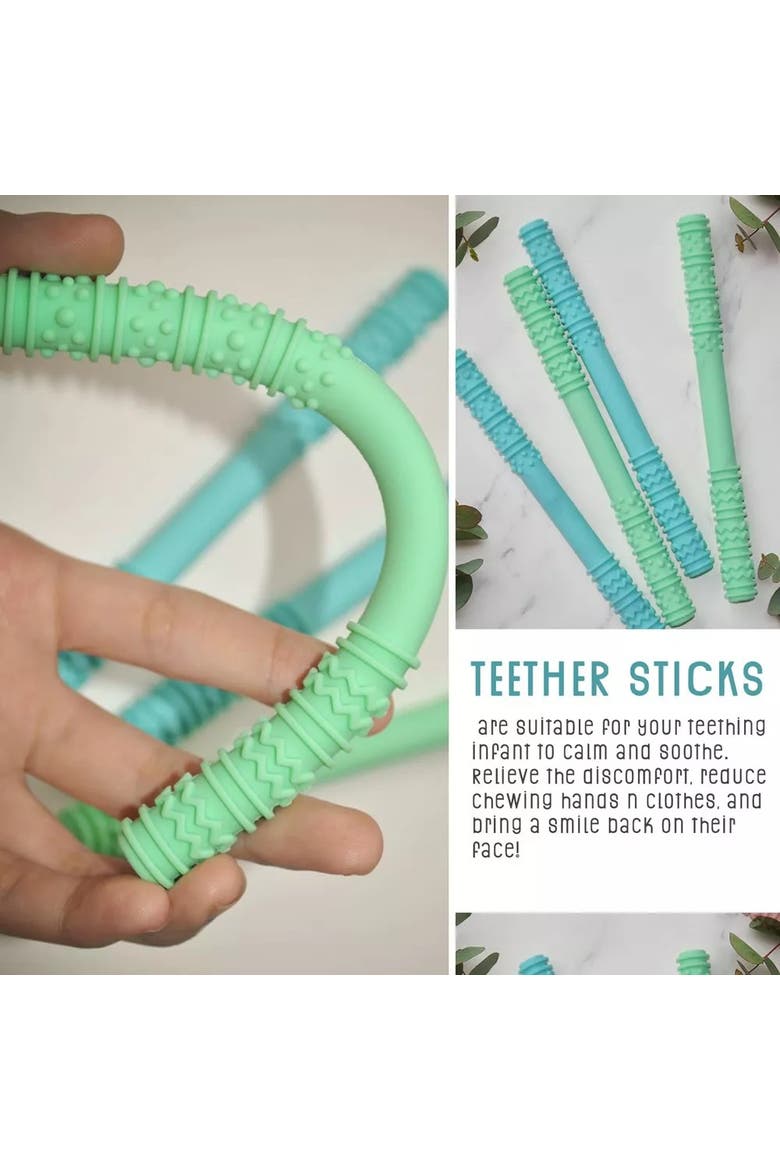 Soft Silicone Hollow Teething Tubes  4 Piece Set with Cleaning Brushes, Alternate, color, Green & Blue