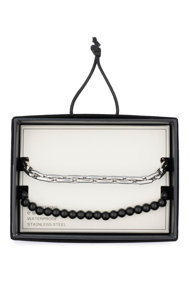 Men's Bead & Stainless Steel Bracelet Set, Main, color, BLACK- STAINLESS