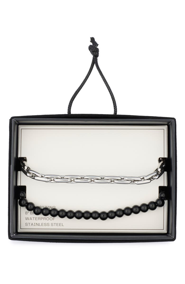 NORDSTROM RACK Men's Bead & Stainless Steel Bracelet Set, Main, color, Black- Stainless