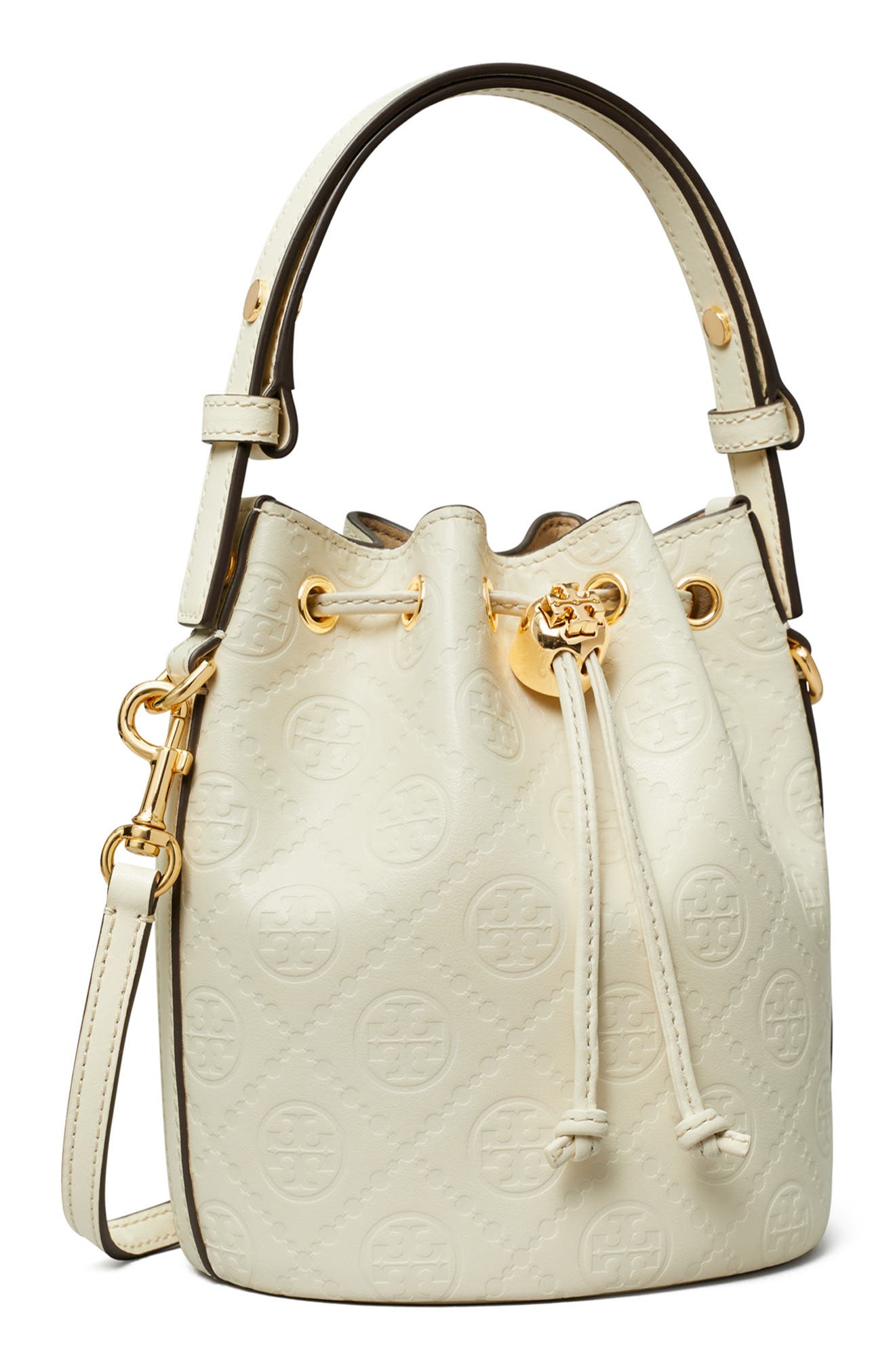 Mini T Monogram Debossed Bucket Bag, Alternate, color, LIGHT CREAM