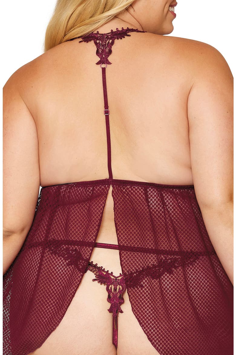 Lace Trim Mesh Babydoll Chemise & G-String Thong, Alternate, color, BURGUNDY
