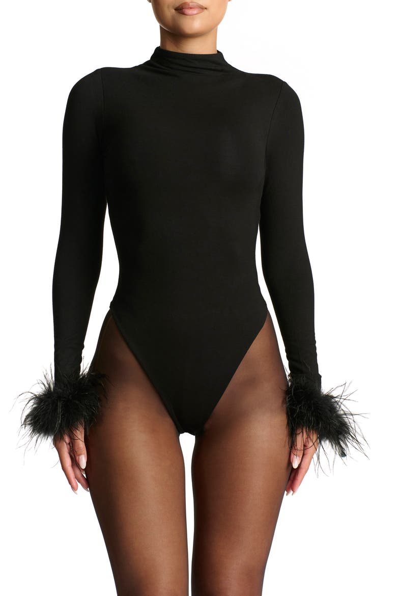 Buttter Fine Feathers Long Sleeve Bodysuit, Alternate, color, BLACK