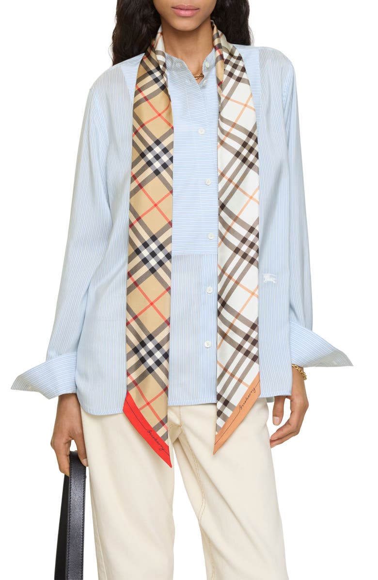 Burberry Check Reversible Silk Twill Skinny Scarf, Alternate, color, Sand