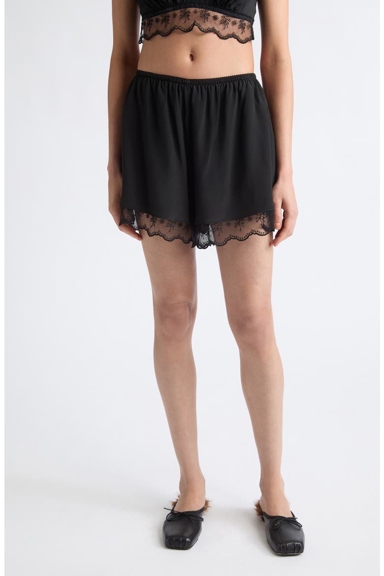 Lace Trim Crêpe de Chine Negligee Shorts, Main, color, BLACK