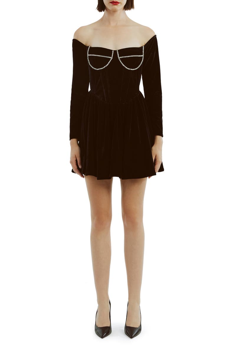 Emlyn Diamante Long Sleeve Velour Minidress, Main, color, BLACK