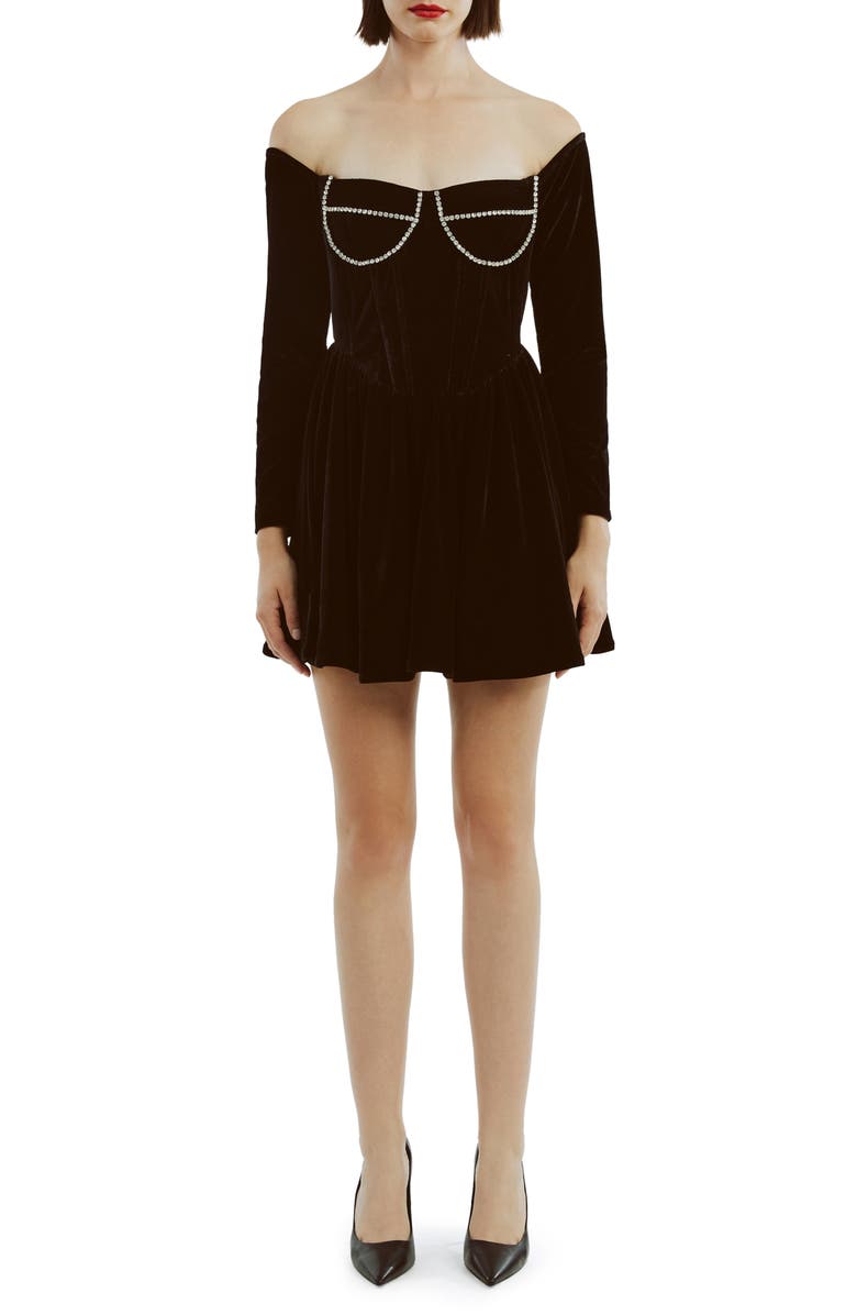 Bardot Emlyn Diamante Long Sleeve Velour Minidress, Main, color, Black