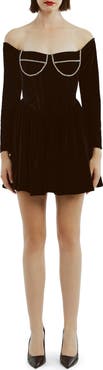 Bardot Emlyn Diamante Long Sleeve Velour Minidress