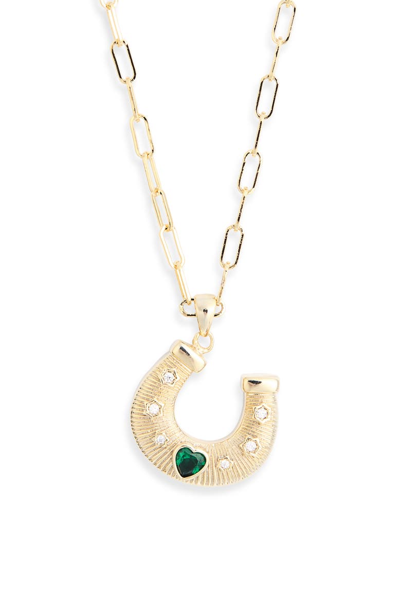 Cubic Zirconia Horseshoe Pendant Necklace, Alternate, color, GREEN- GOLD