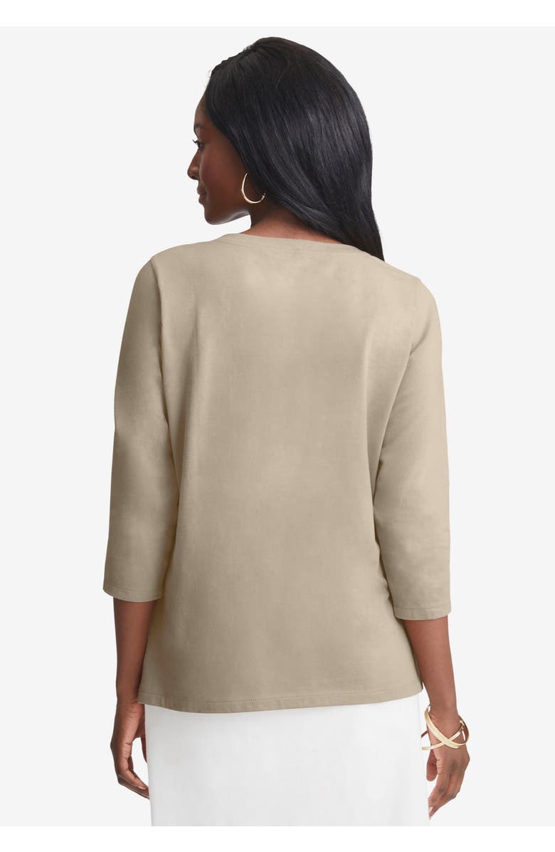 Jessica London Stretch Cotton Embroidered Tee, Alternate, color, Khaki Floral Embroidery