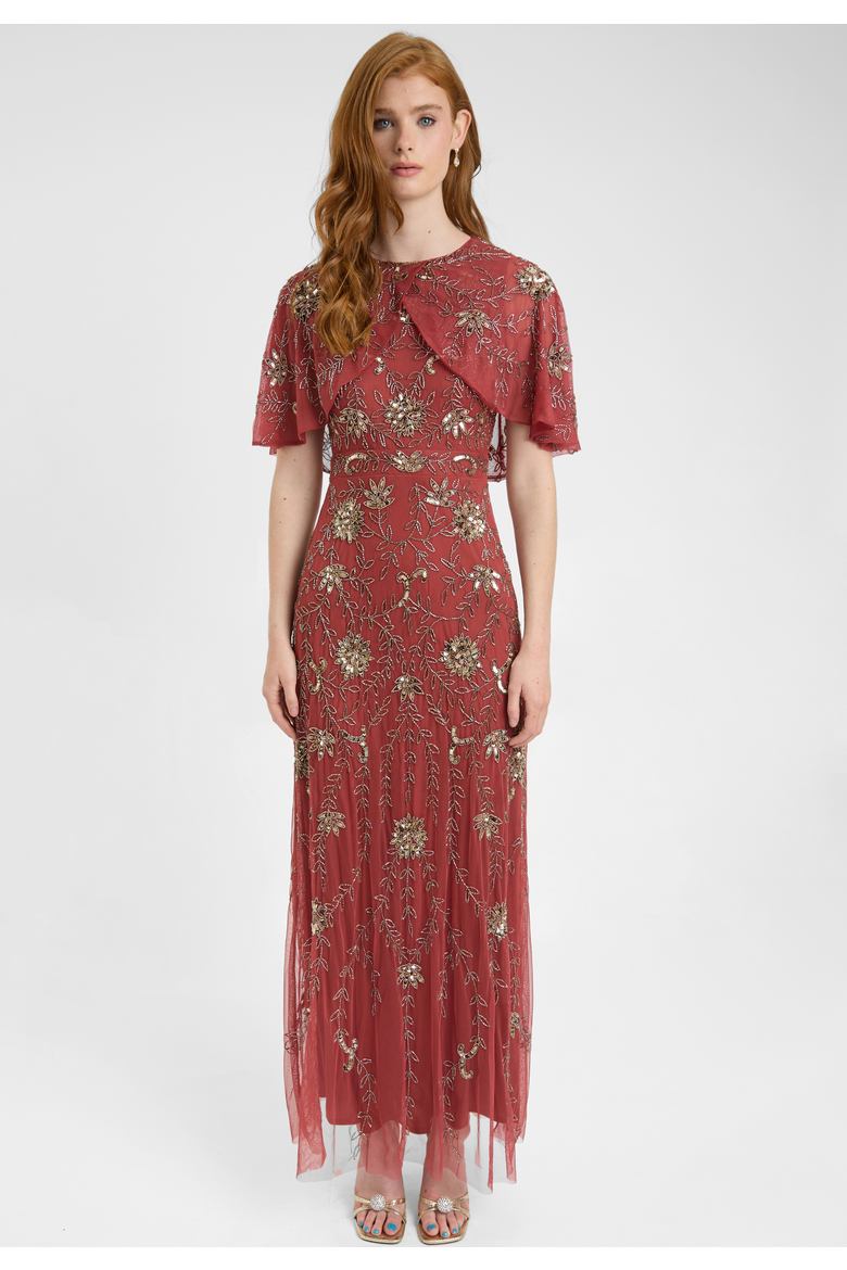 Embellished Sequin Beaded Maxi Dress With Round Neckline With Cape-Style Short Sleeves, Main, color, RUST