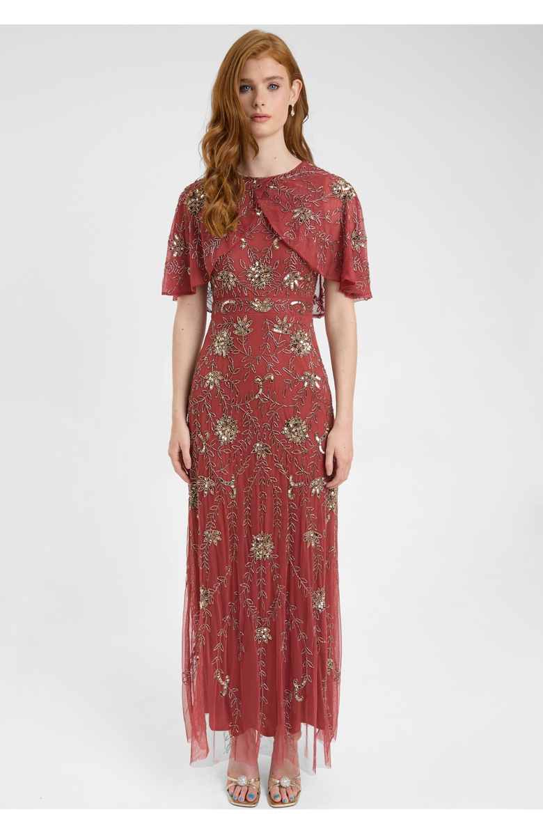 BEAUUT Embellished Sequin Beaded Maxi Dress With Round Neckline With Cape-Style Short Sleeves, Main, color, Rust