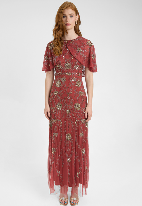 Embellished Sequin Beaded Maxi Dress With Round Neckline With Cape-Style Short Sleeves