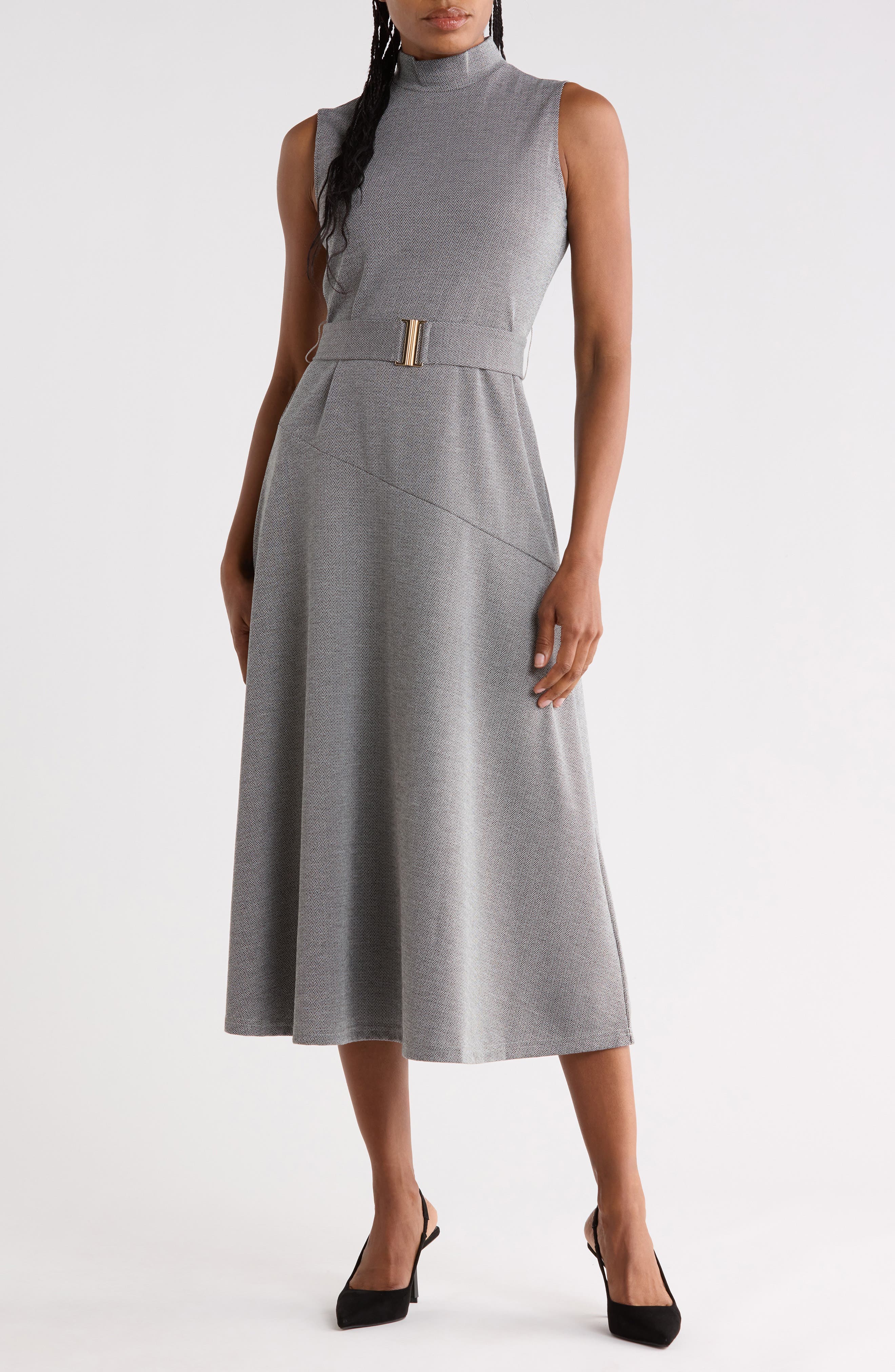 Mock Neck Sleeveless Belted Dress