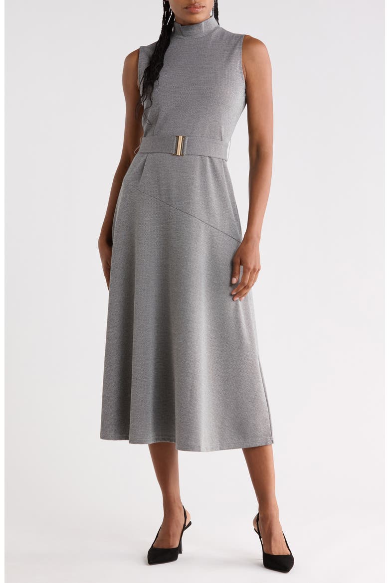 Mock Neck Sleeveless Belted Dress, Main, color, CHARCOAL