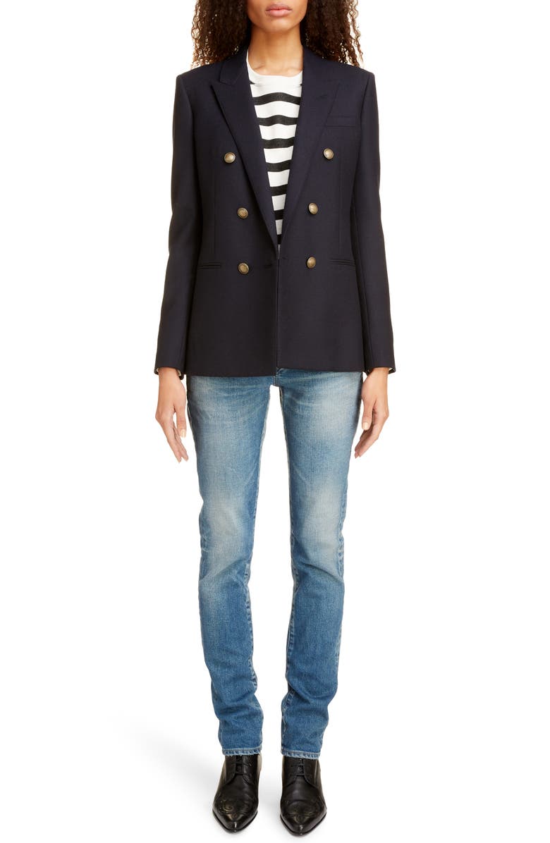 Saint Laurent Double Breasted Wool Gabardine Jacket, Alternate, color,