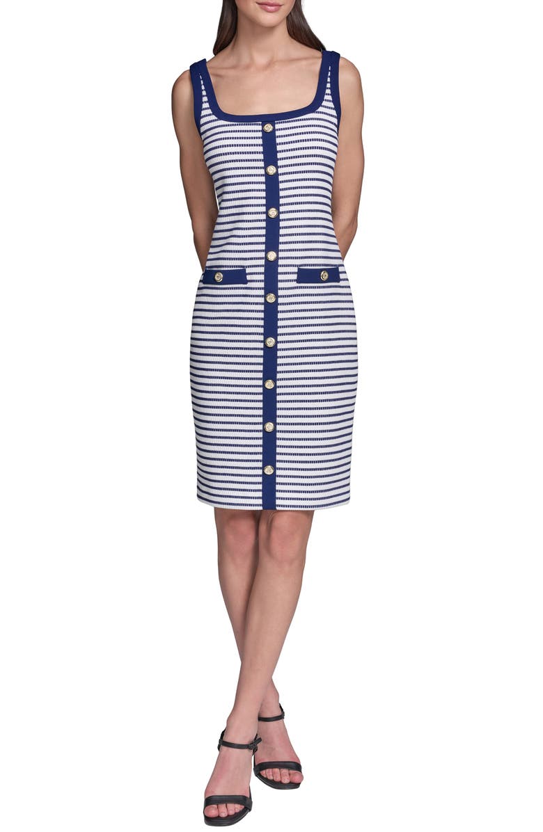 KARL LAGERFELD Striped Knit Scoop Neck Dress, Main, color, Maritime/ Soft White
