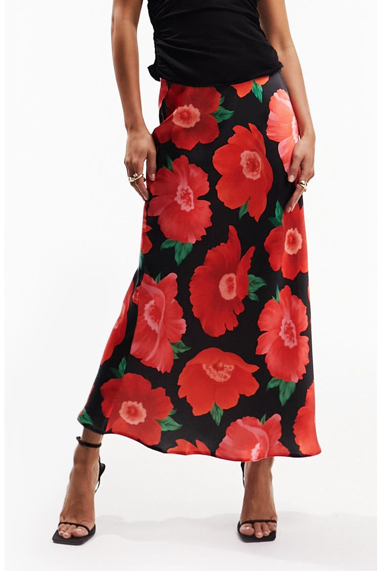Floral Bias Cut Satin Skirt, Main, color, BLACK