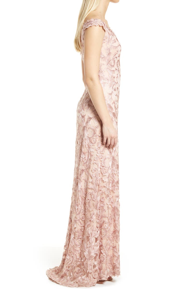 Tadashi Shoji Off the Shoulder Cap Sleeve Embroidered Lace Gown, Alternate, color,