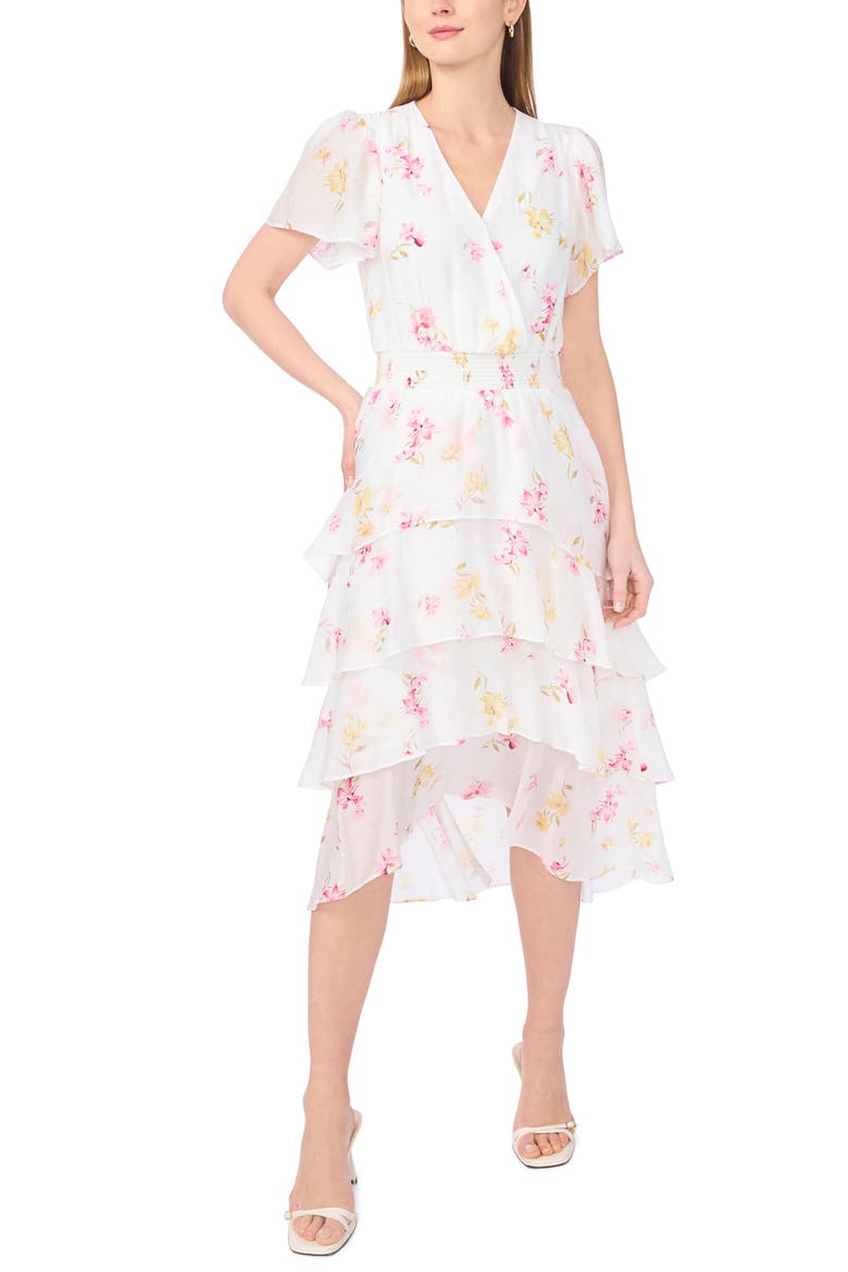 Floral Short Sleeve Tiered Dress, Main, color, LEMON CREAM