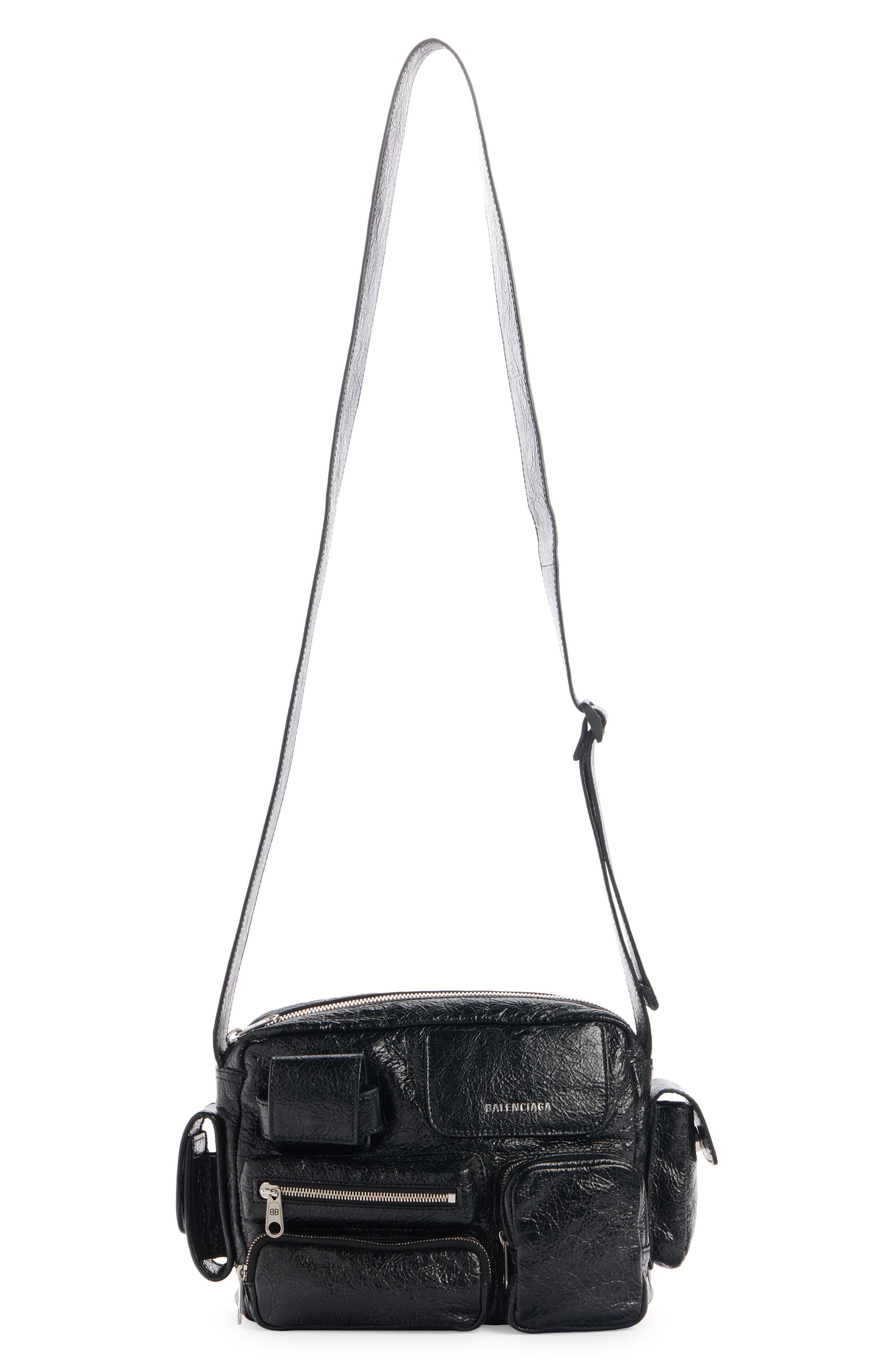Balenciaga Superbusy Crinkle Leather Camera Bag, Main, color, 1000 Black