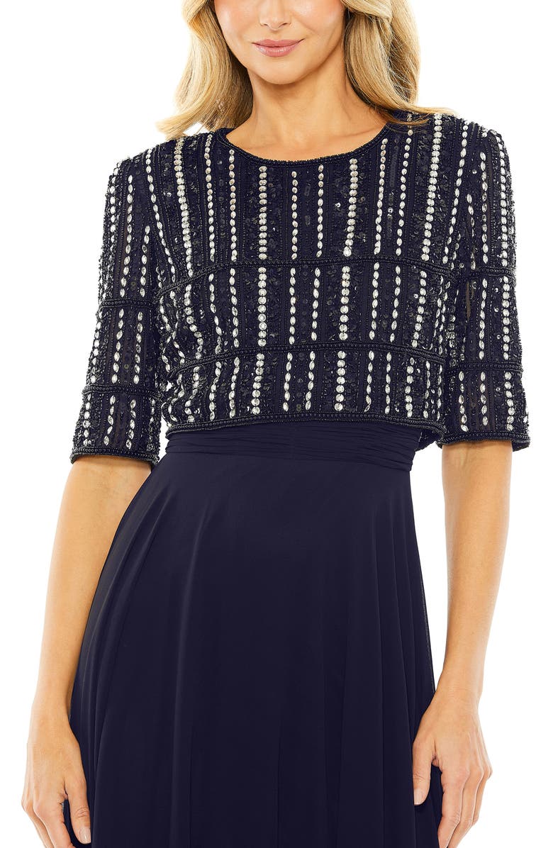 Mac Duggal Fully Beaded 3/4 Sleeves Top Chiffon Gown, Alternate, color, Midnight