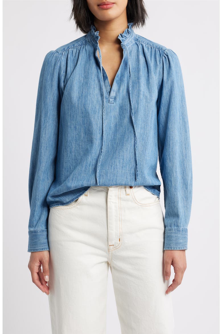 Ruffle Chambray Top, Main, color, MEDIUM WASH