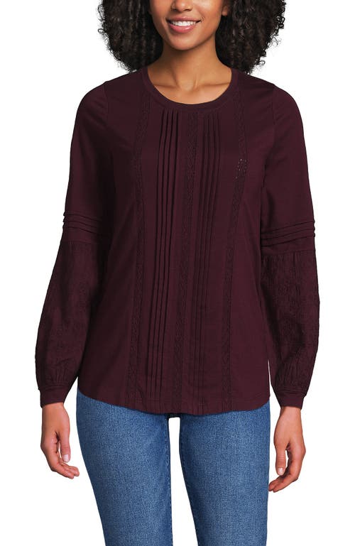 Lands' End Lightweight Jersey Lace Mix Long Sleeve Pintuck Top In Burgundy