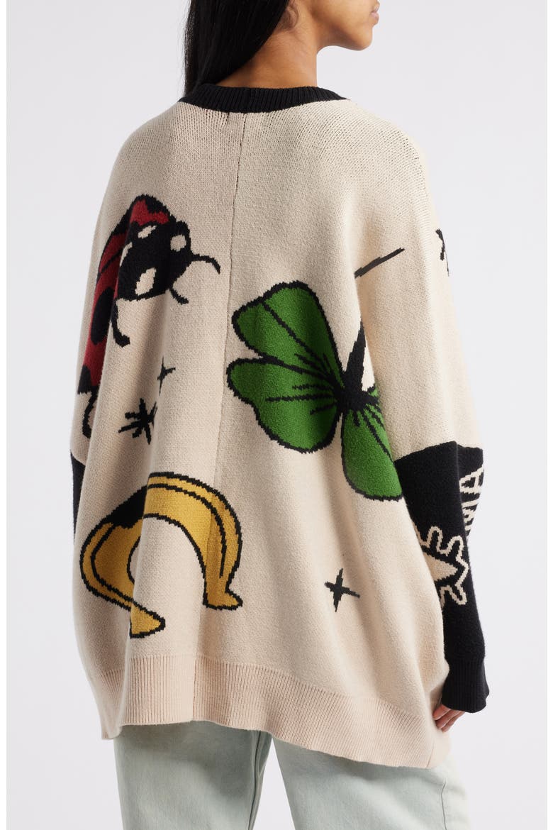 Lucky Clover Oversize Cardigan, Alternate, color, BEIGE/ BLACK