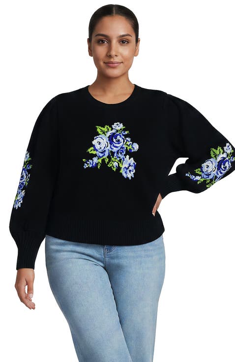 Plus Size Drifter Puff Sleeve Jacquard Crew Neck Sweater