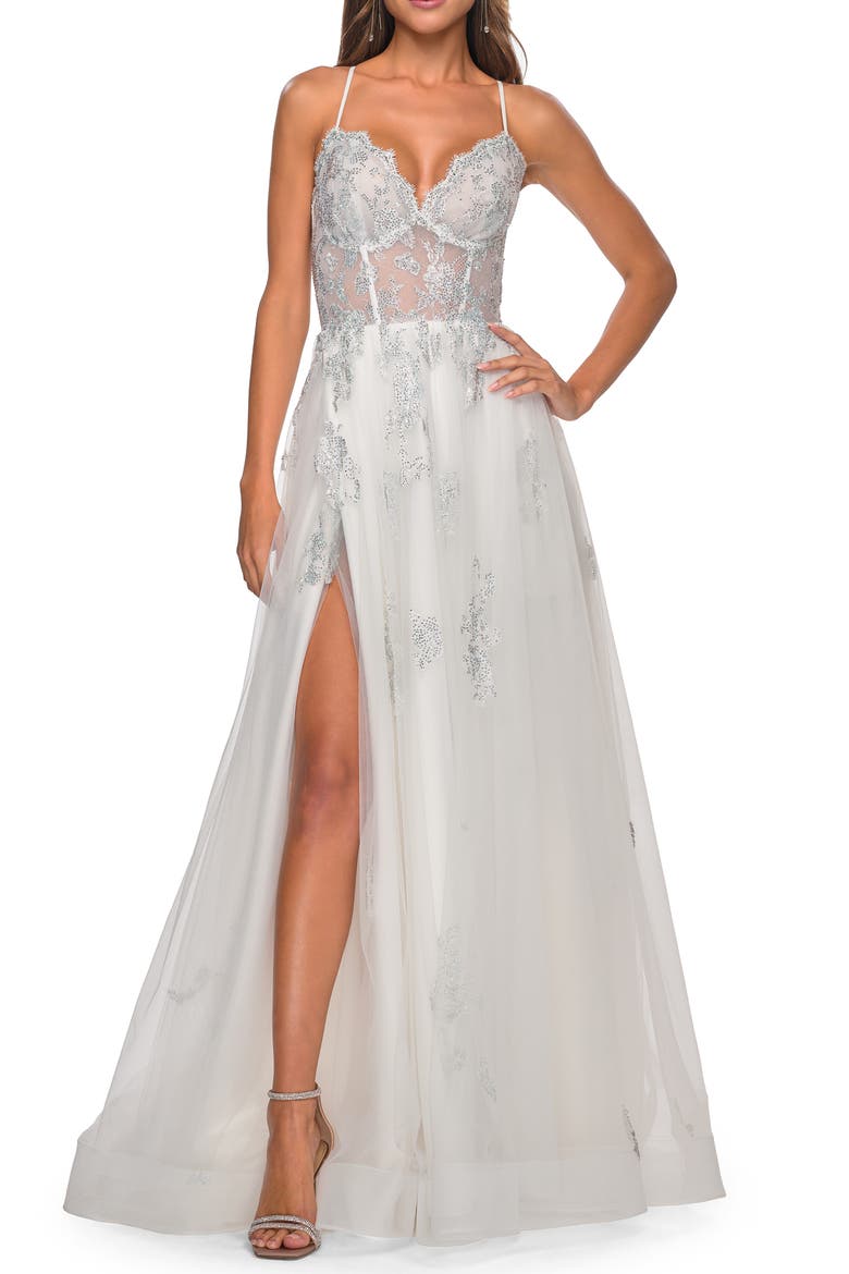 A-Line Tulle Gown with Scallop Detail Bodice and Lace Applique, Main, color, White
