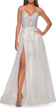 La Femme A-Line Tulle Gown with Scallop Detail Bodice and Lace Applique