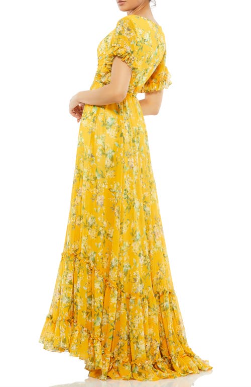 Mac Duggal Flounce Sleeve Floral Maxi Dress In Yellow Multi