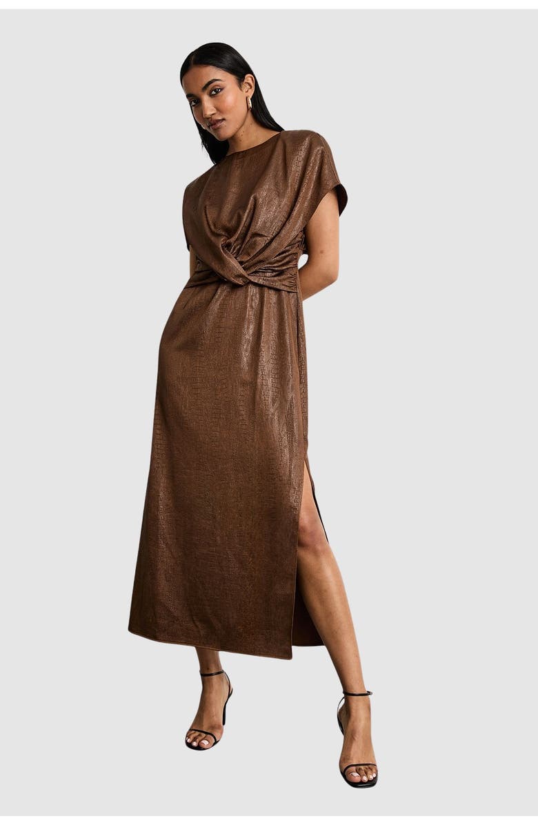 Warehouse Leather Look Twist Front Midi Dress, Main, color, Chocolate