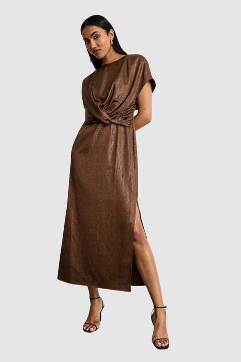 Leather Look Twist Front Midi Dress