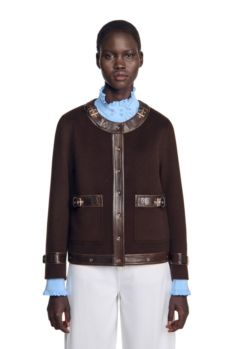 Short coat with leather details, Alternate, color, Brown