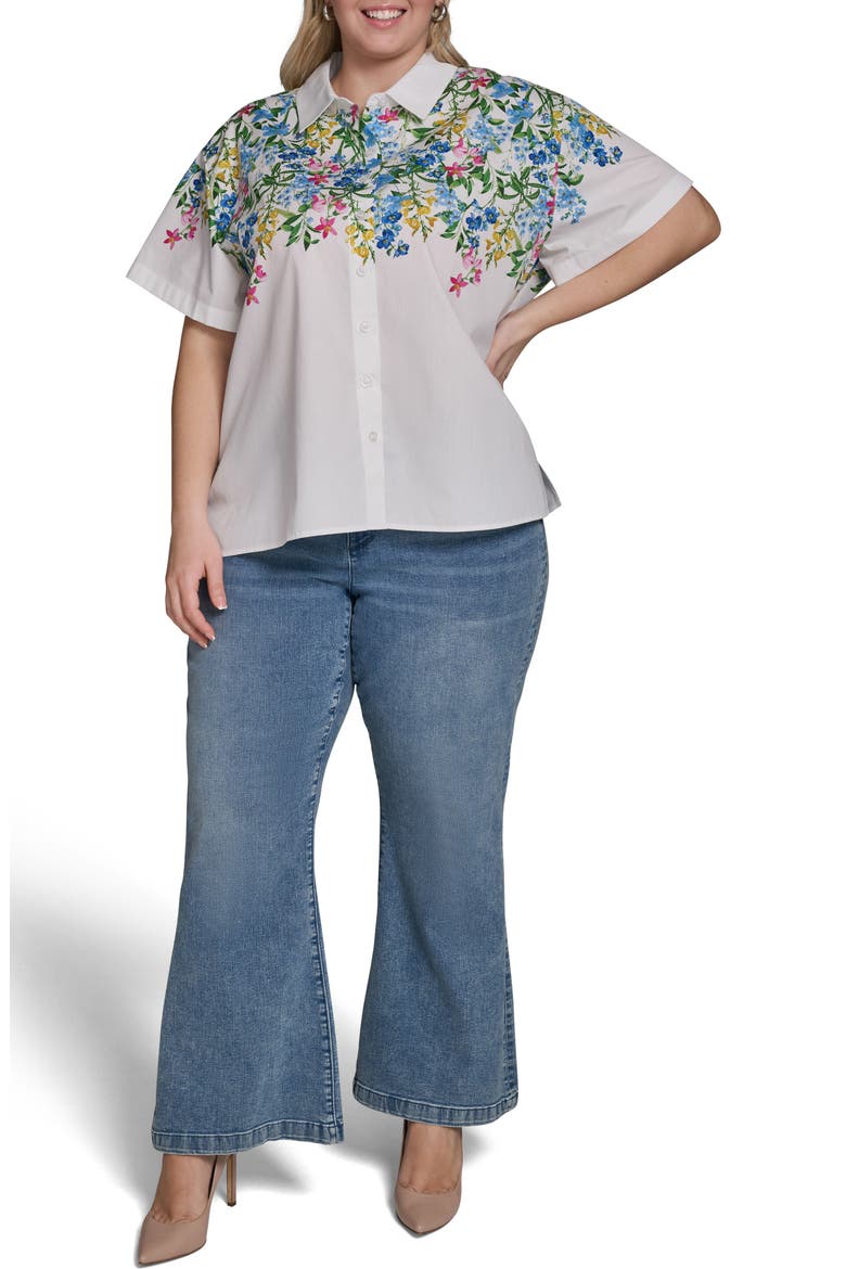 Placed Floral Short Sleeve Cotton Sateen Button-Up Shirt, Alternate, color, SOFT WHITE COMBO