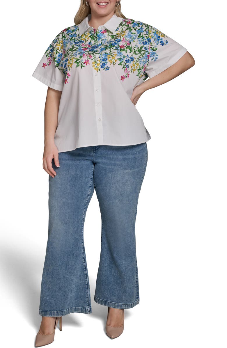 KARL LAGERFELD PARIS Placed Floral Short Sleeve Cotton Sateen Button-Up Shirt, Alternate, color, Soft White Combo